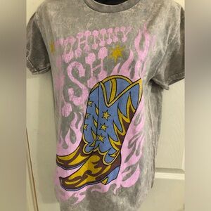Johnny Cash pink flames cowboy‎ boots printed marbled gray tshirt size small new